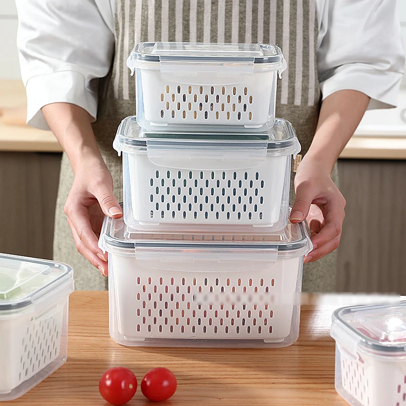 Refrigerator Storage Box Fridge Fresh Vegetable Fruit Boxes Drain Basket Storage Containers With Lid Kitchen Tools Organizer