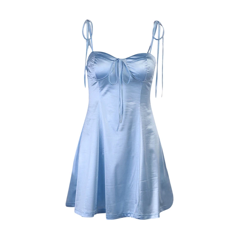 

2021 Fashion Trend Women's Summer Sun Dress Sexy Low-cut Solid Color Spaghetti Straps Ruffle Holiday Loose One-piece Mini Dress