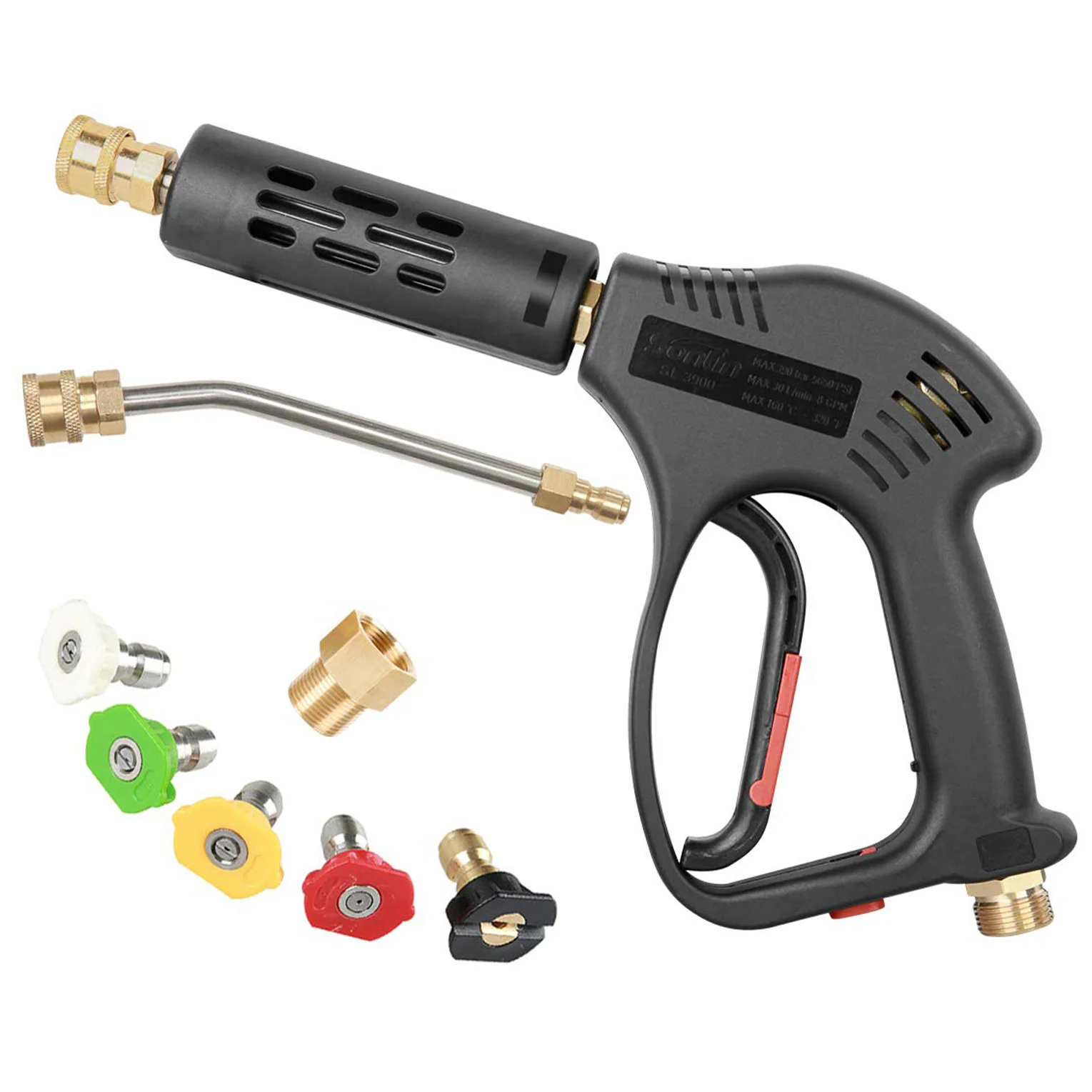 Short High Pressure Washer Gun 5000 PSI Replacement for Hot and Cold Water M22 Fitting 5 Nozzle Tips