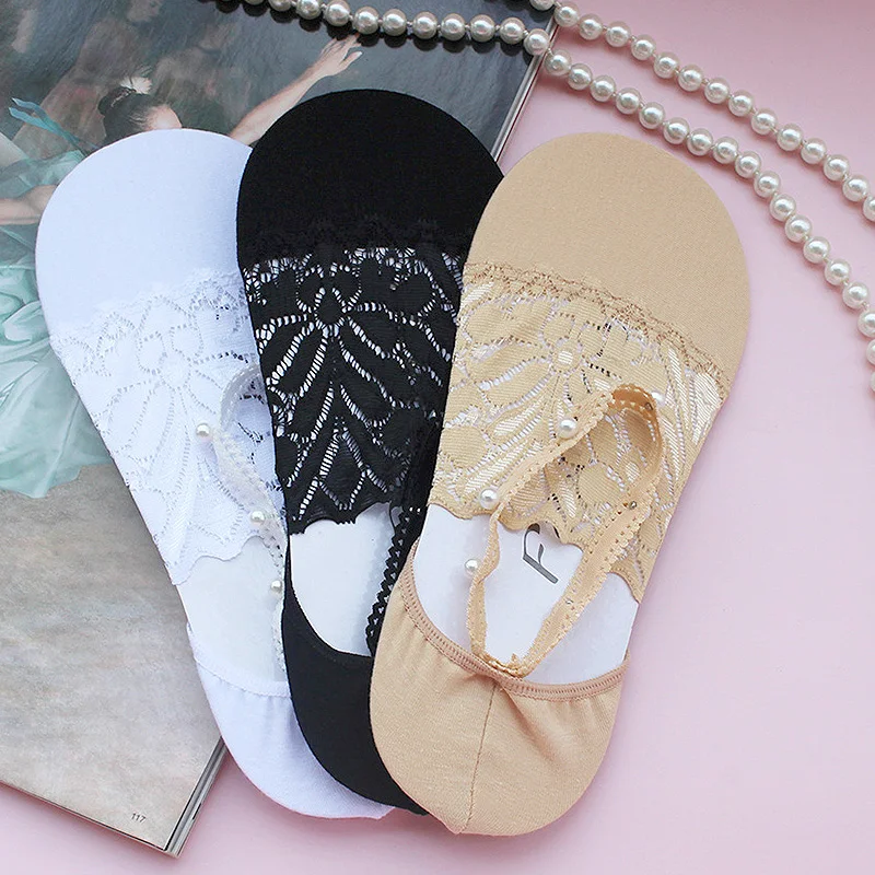 

Летние невидимые кружевные носки для женщин, перламутровые тонкие Нескользящие сексуальные носки до щиколотки, один размер (размеры 34-38)