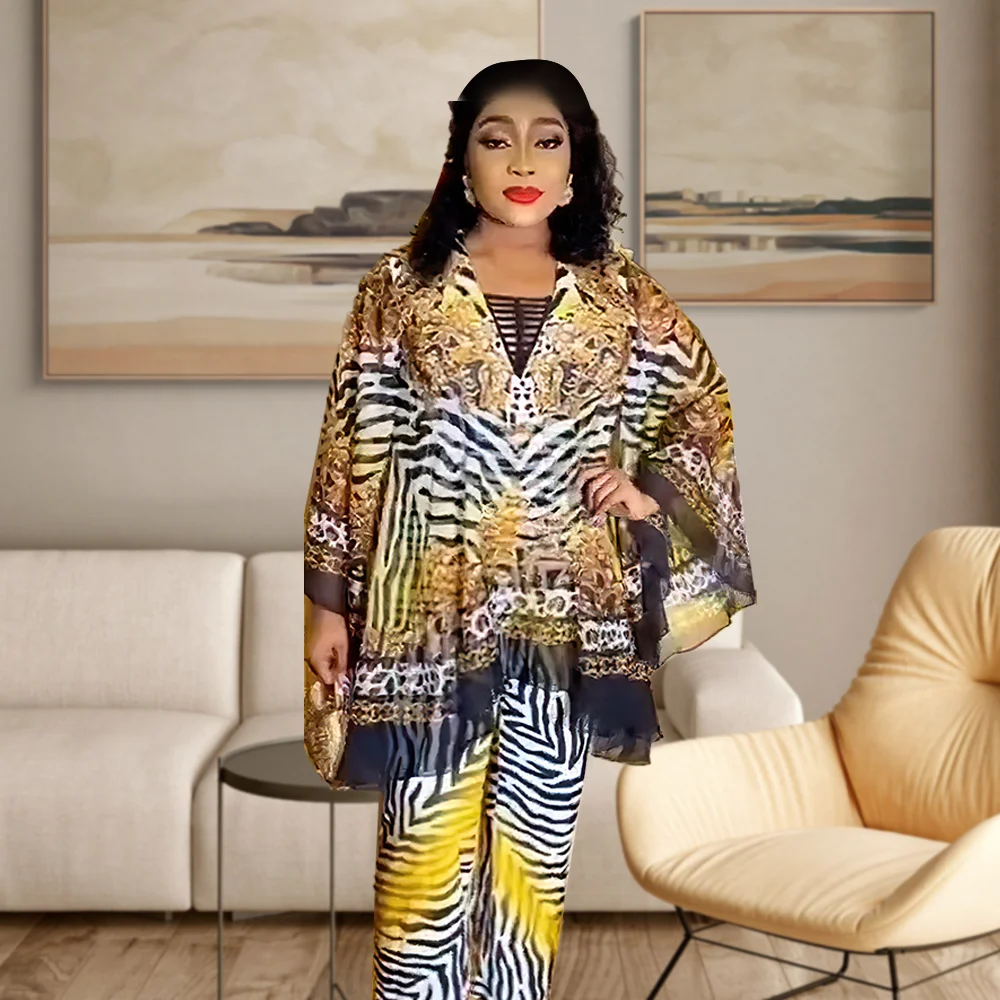 Plus Size Women Clothing New Fashion Trouser Set Printed Chiffon Flare Sleeves Large Loose Two Piece Set Women Outfit 2023