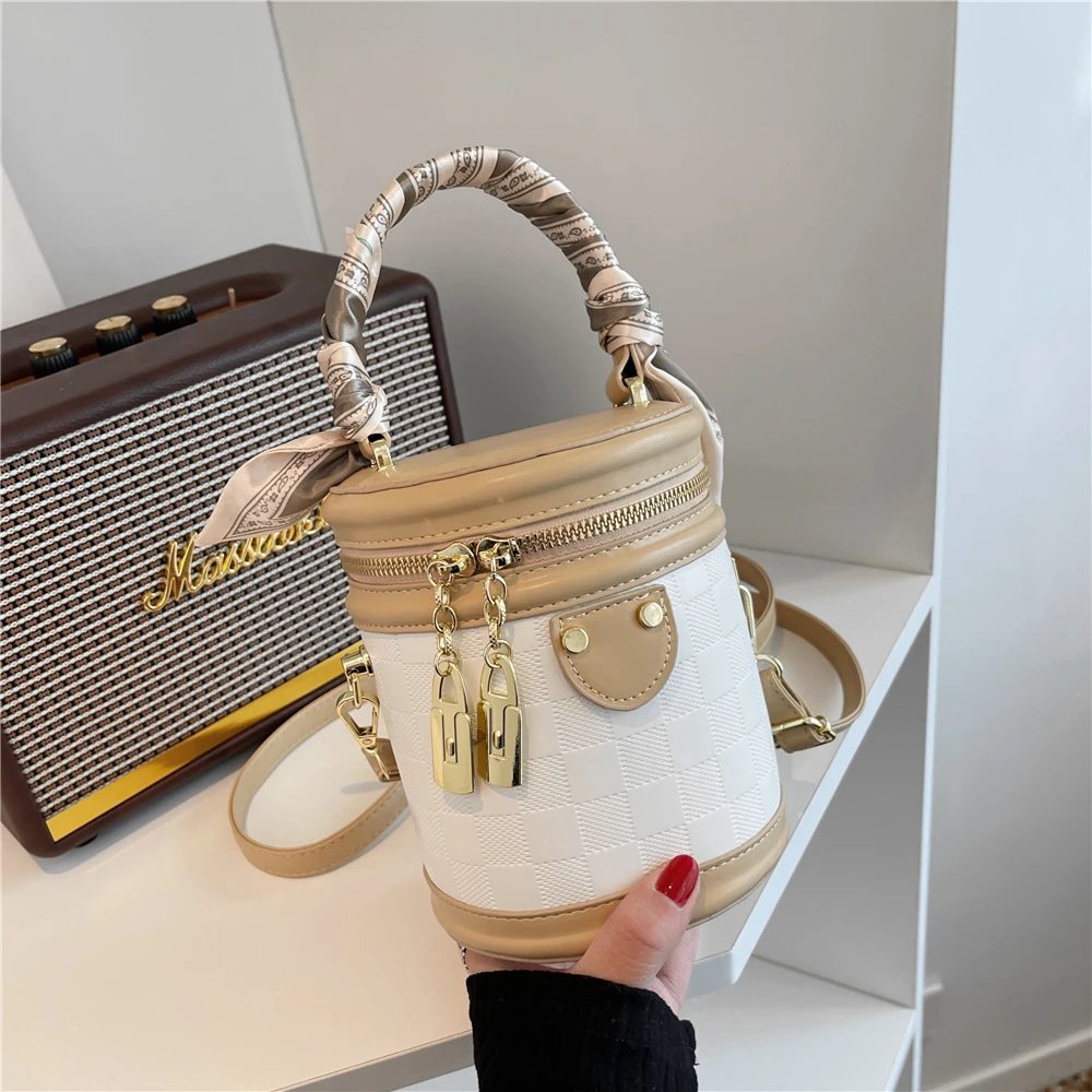 

Burminsa Checkered Pattern Cylinder Mini Shoulder Crossbody Bags For Women Brand Designer Ribbon Bucket Ladies Handbags New 2022