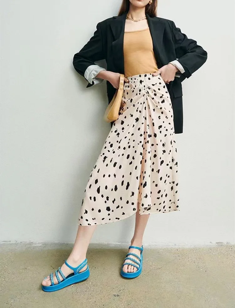 

Women's Mulberry Silk Skirt Leopard Polka Dot Small Romantic Print Silk High Waist Mid-length Skirt 2022 Summer New Style