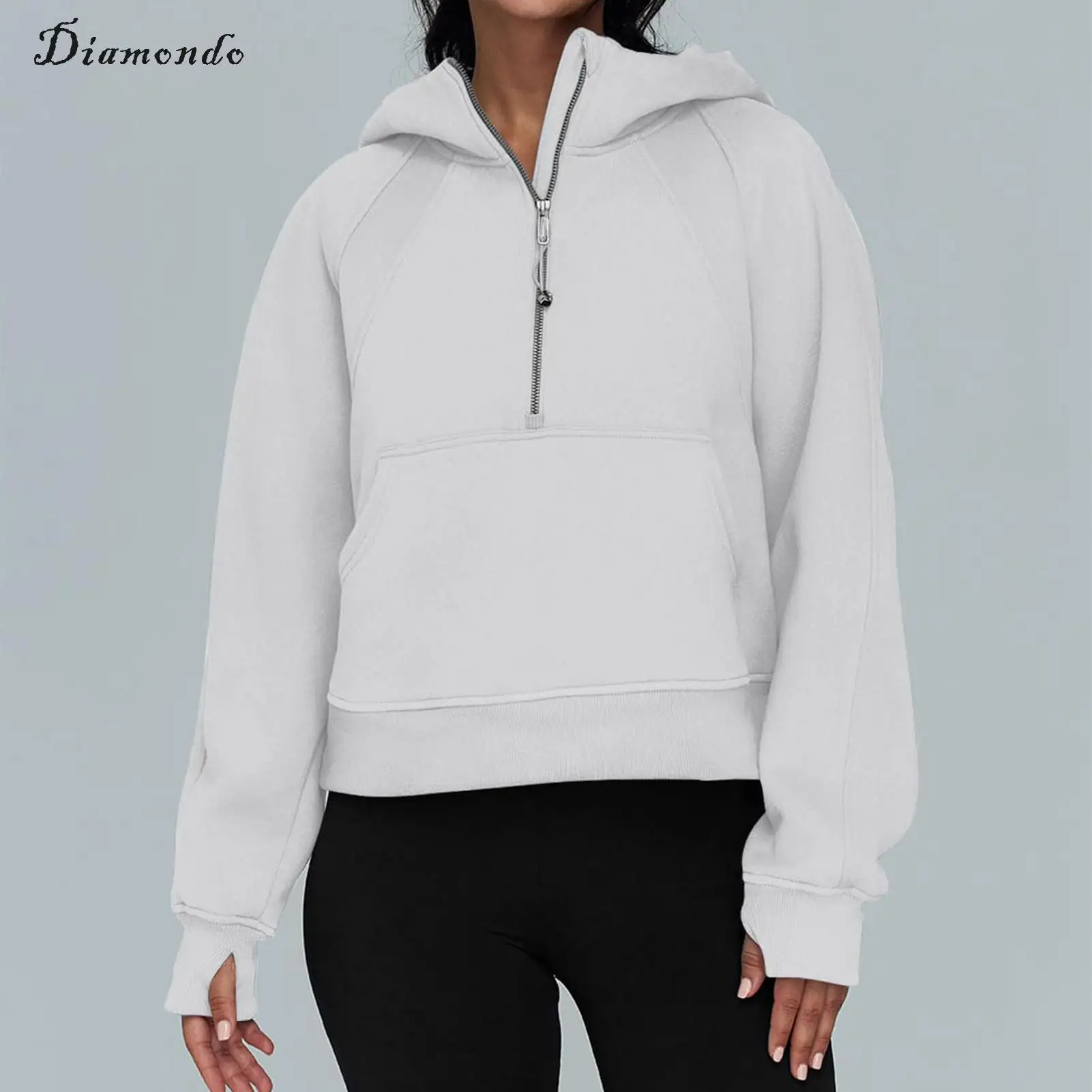 

Women Long Sleeve Crop Hoodie Trendy Fleece Lined Hoodies Pullover with Pockets Thumb Hole Solid Color Spring Autumn Hoodies