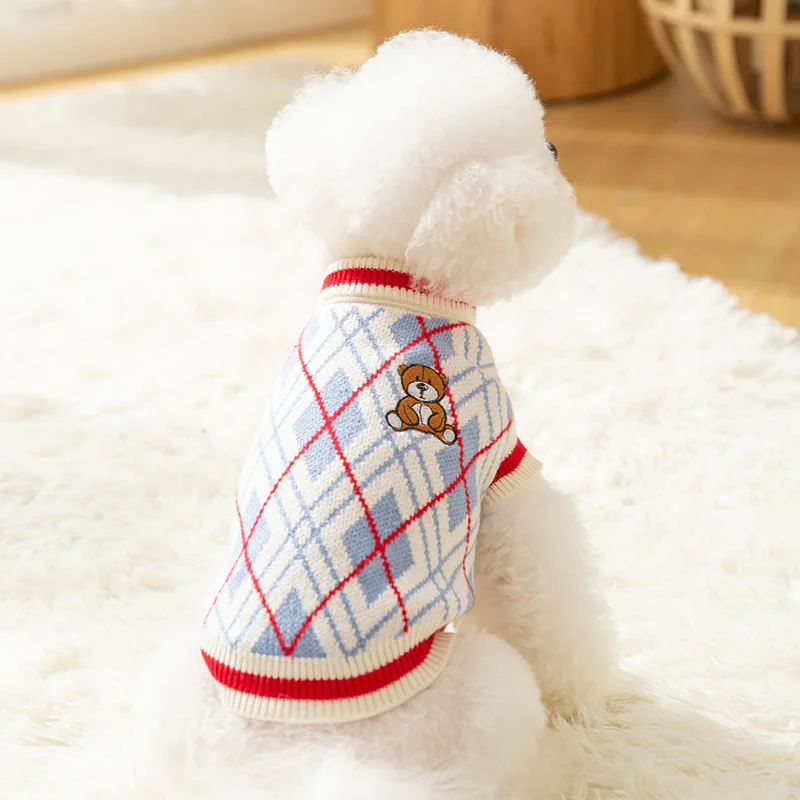 Pet Clothes Autumn Winter Medium Small Dog Knitted Wool Sweater Fashion Sweatshirt Kitten Puppy Plaid Pullover Chihuahua Poodle