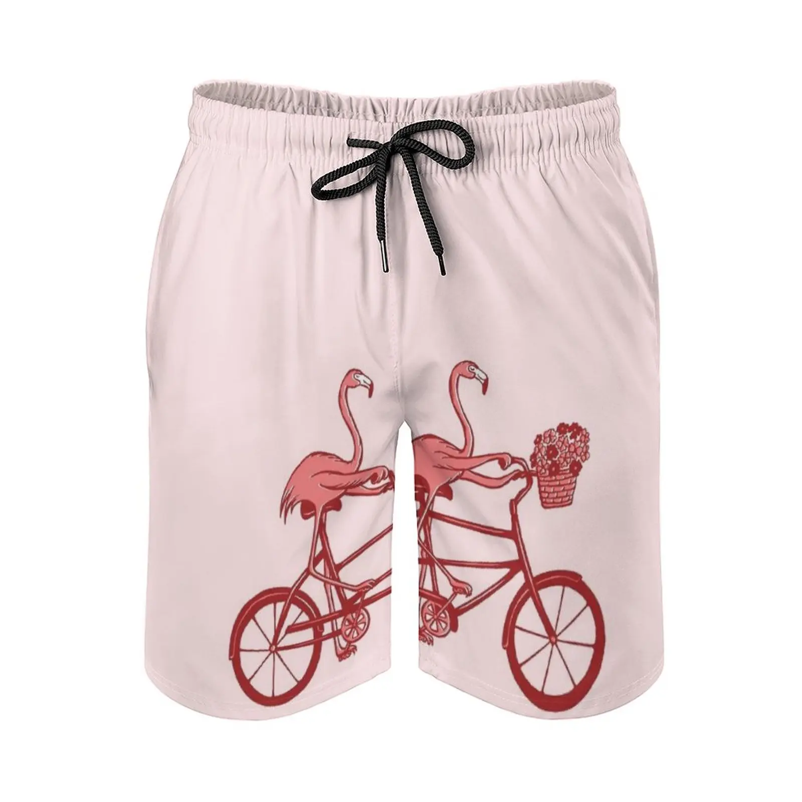 

On Tandem Bike Men's Beach Shorts 3D Printing Loose Surf Board Shorts Beachwear Pink Flamingo Tandem Bike Bicycle Bike Tandem
