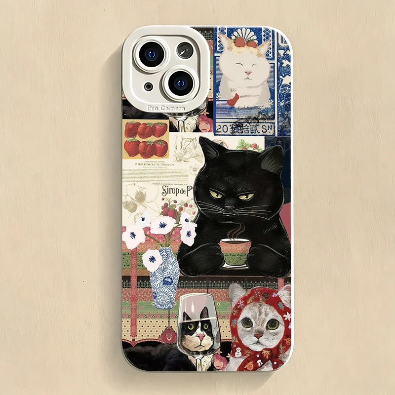 Фото Винтажный чехол для телефона с рисунком кота, пьющего чай, для Xiaomi 15T 14T 13T 12T Pro 11 Lite 5G Poco F7 F6 F5 X7 X6 X5, мягкий силиконовый чехол №5