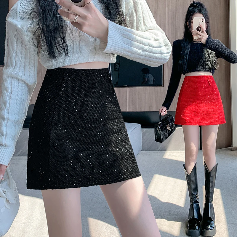 2024 блестящая шелковая шерстяная юбка для женщин осень и зима тонкие короткие