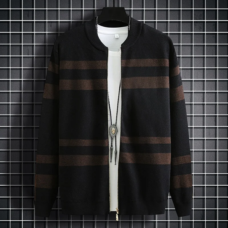 

Men's Autumn and Winter Striped Stitching Cardigan Sweater 0 Collar Casual Loose Zipper Long Sleeve Coat Warm Comfortable New