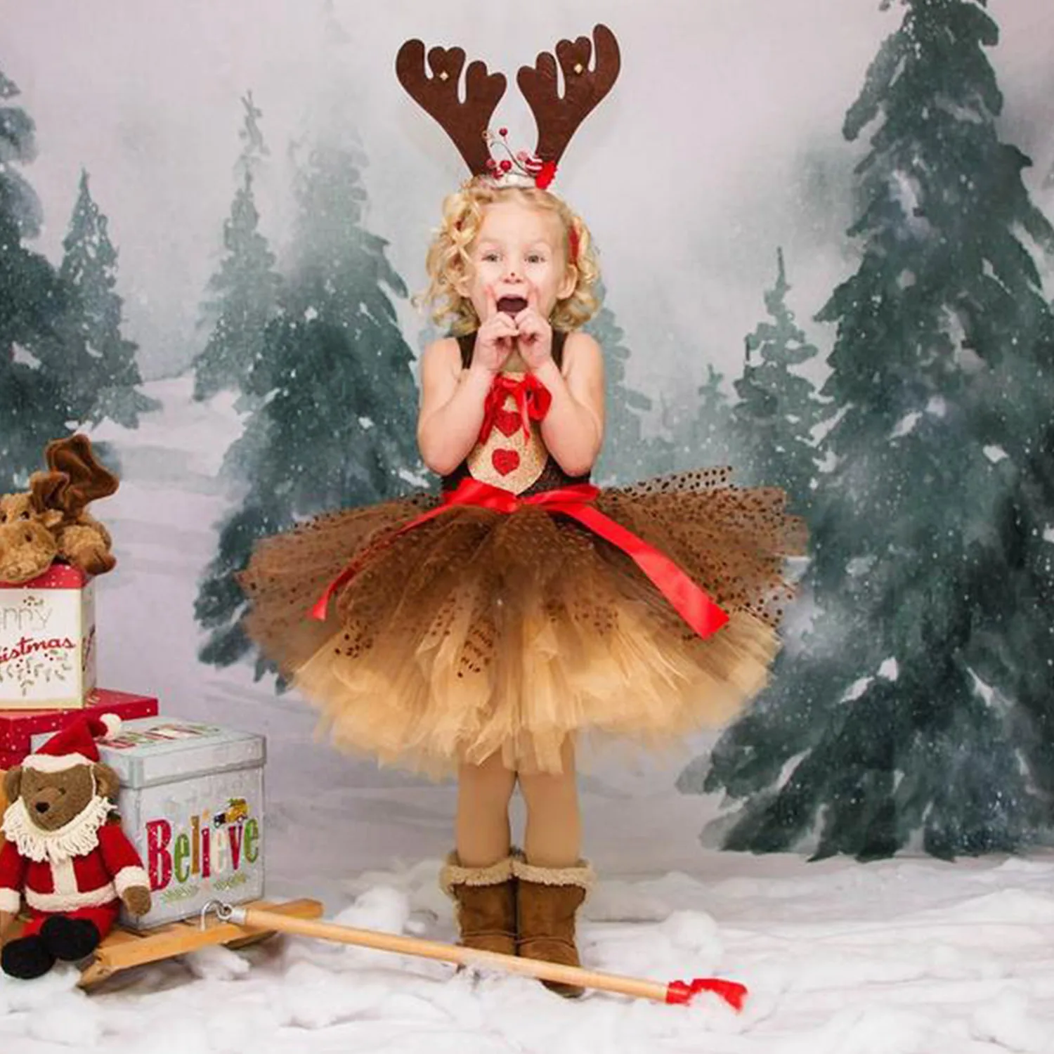 

Children Deer Tutu Dress Costume Girls Elk Dress with Headband Doll Christmas Kids Birthday Carnival Xmas New Year Party Dress