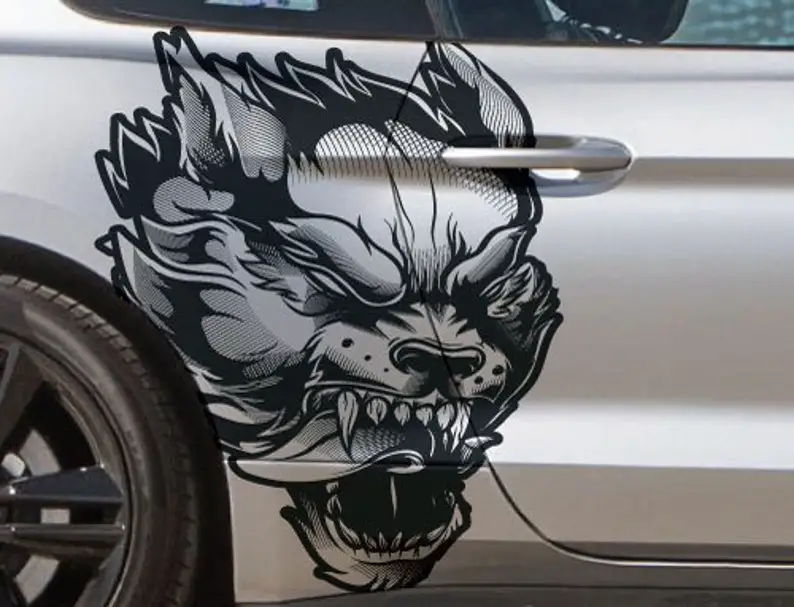 

Fits Mustang F-150 Ranger Coyote Wolf Tattoo Grunge Design Tribal Door Bed Side Pickup Vehicle Truck Car Vinyl Graphic DS / PS D