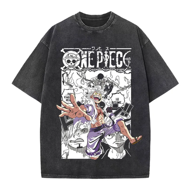 Фото Футболка унисекс 2026 One Piece Luffy Gear 5 с винтажным эффектом, принтом аниме и манги, оверсайз, с коротким рукавом, уличная повседневная одежда №1