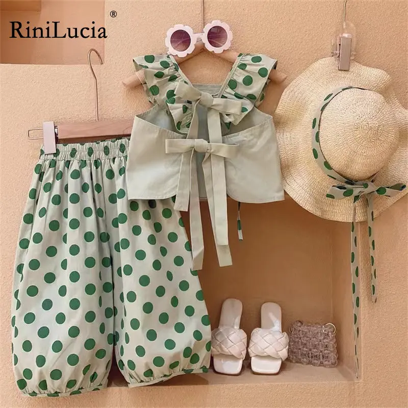 

Детский комплект для девочек, на весну-лето, с бантом и оборками, короткий топ на подтяжках + штаны в горошек, костюмы для младенцев, детская одежда для малышей