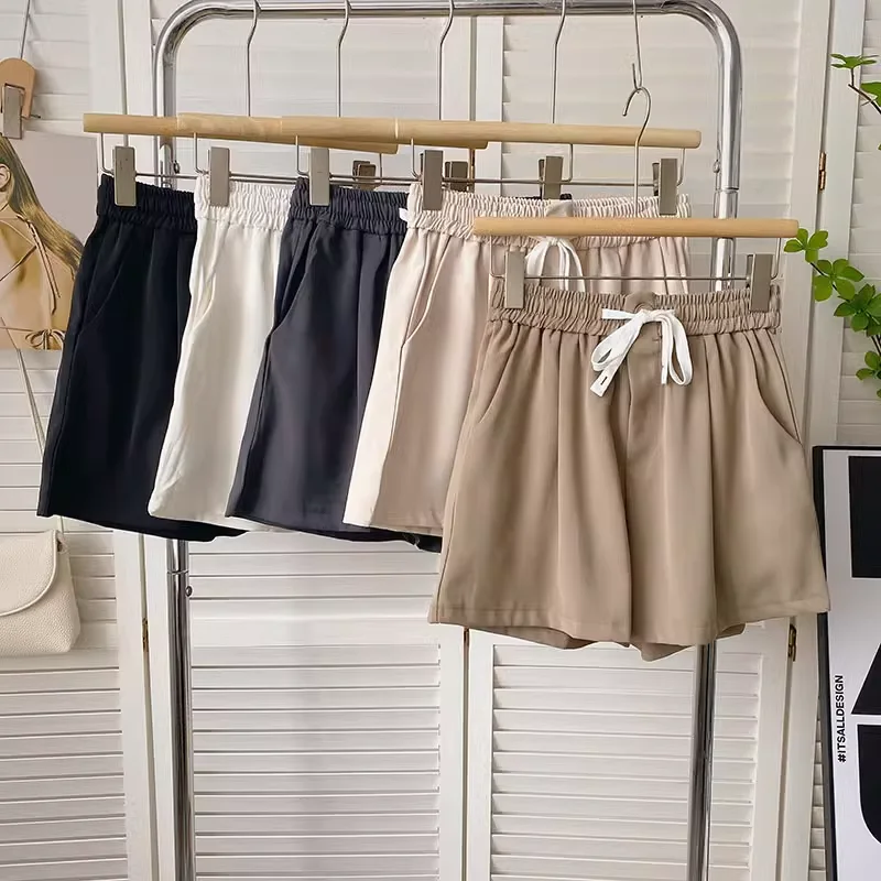 

Shorts Elastic Waist Pockets Clothes for Women Casual Slim Wide-Leg Shorts Solid Color Korean Fashion Lace Up Dropshipping