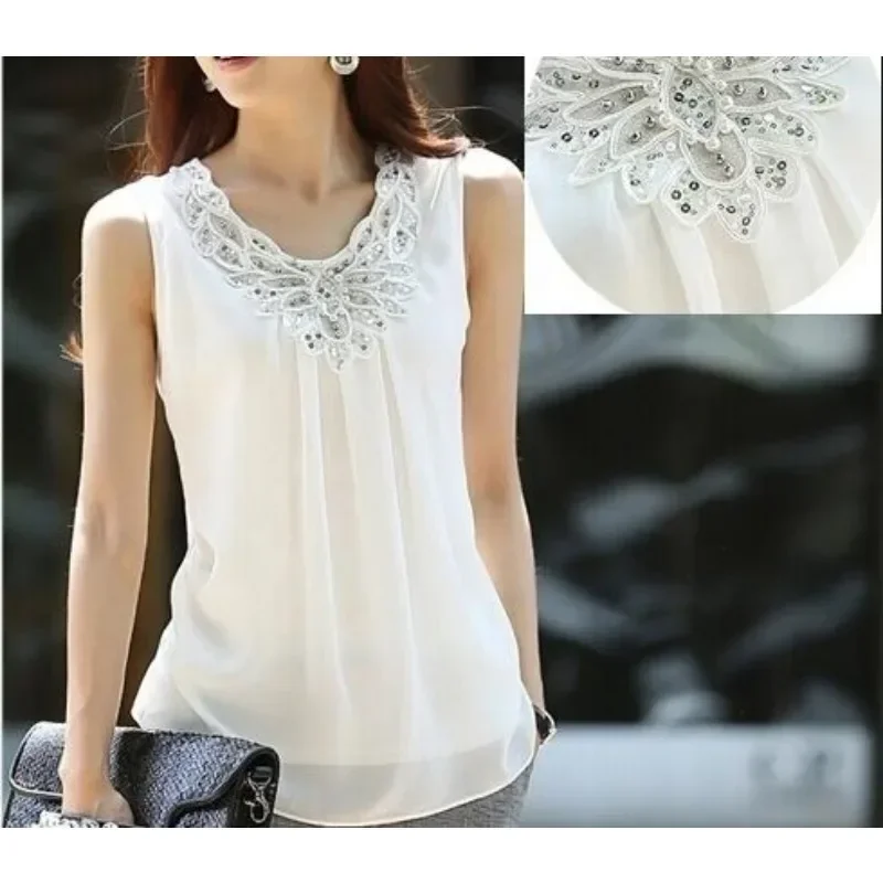 Женская шифоновая кружевная блузка без рукавов
