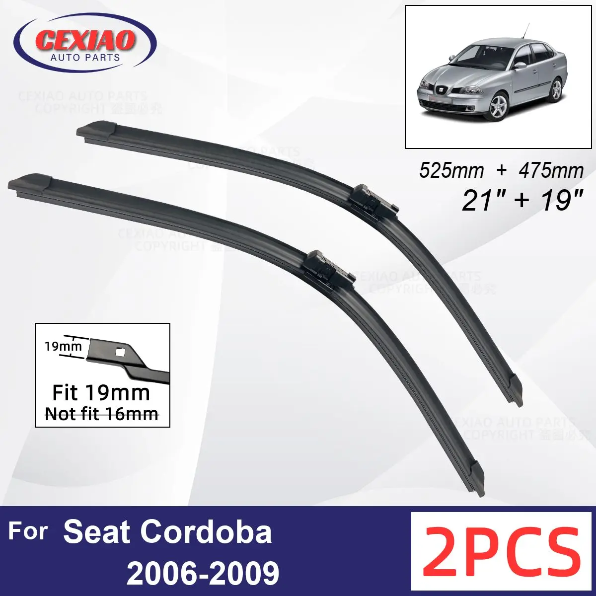 

Car Wiper For Seat Cordoba 2006-2009 Front Wiper Blades Soft Rubber Windscreen Wipers Auto Windshield 21"+19" 525mm + 475mm