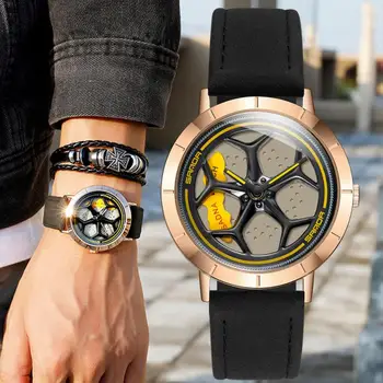 New Hot Sell Fashion Men Watches Sport Car Wheel Rim Hub Men Quartz Watch Leather Waterproof Creative 360 Degree Rotating Clock Other Image
