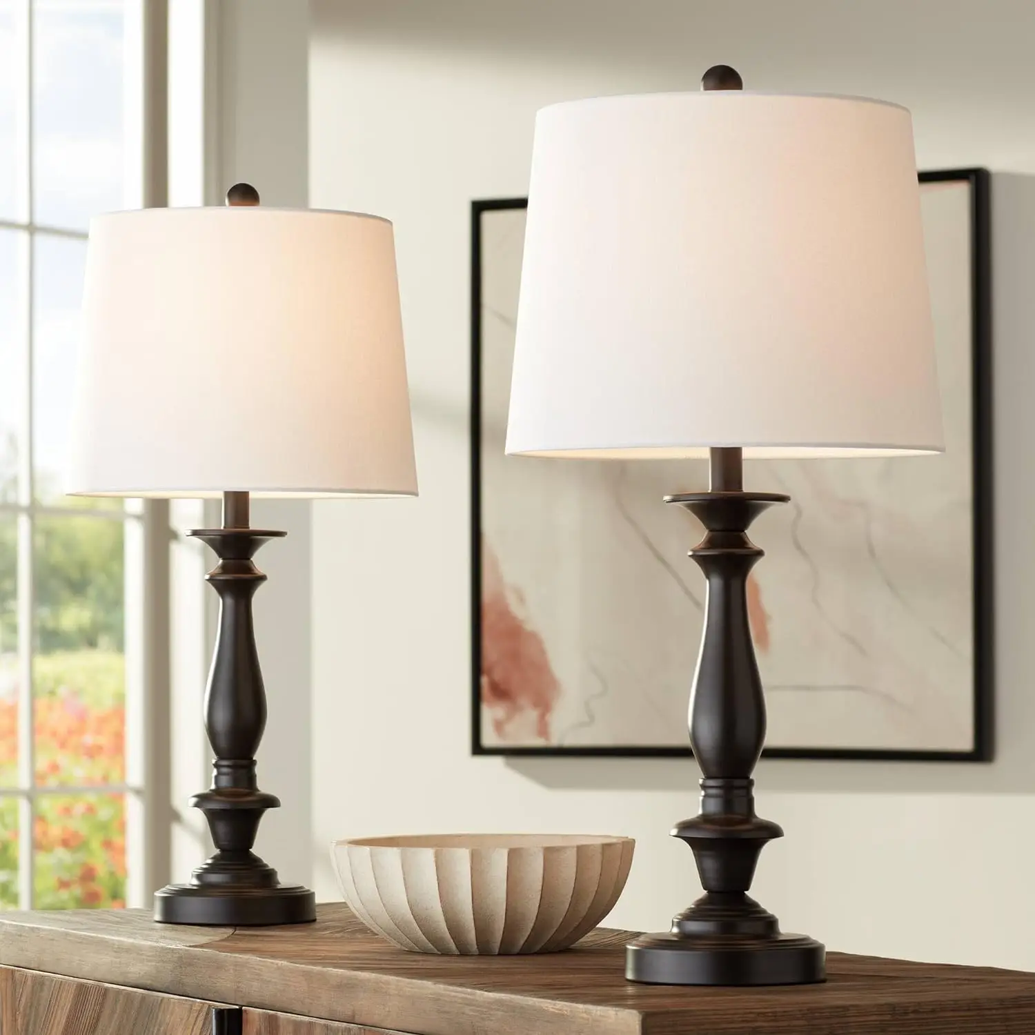

Percy Traditional Table Lamps 26" Tall Set of 2 Dark Bronze Brown Metal Candlestick White Tapered Drum Shade for Bedroom Liv Lig