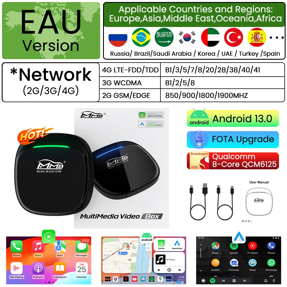 

2025 MMB Max 4.0 Android13 Ultra Box QCM6125 8-ядерный беспроводной CarPlay Android Auto Ai Box 8 + 128G Автоматическое подключение YouTube Netflix