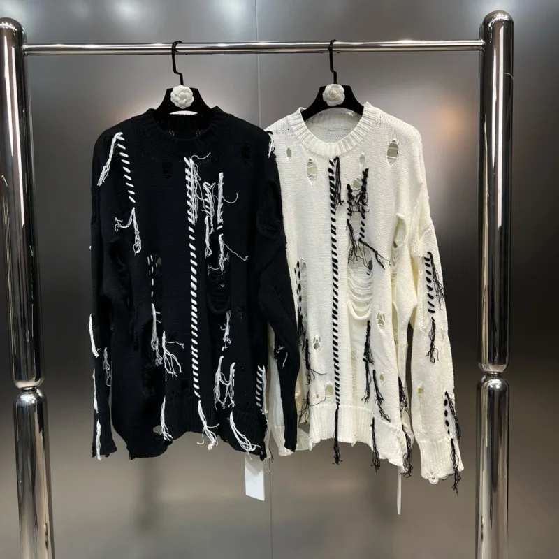 

BORVEMAYS Tassel Patchwork Hollow Out Knitting Sweater Autumn Women O Neck Long Sleeve Loose Casual Pullovers Street WZ5290