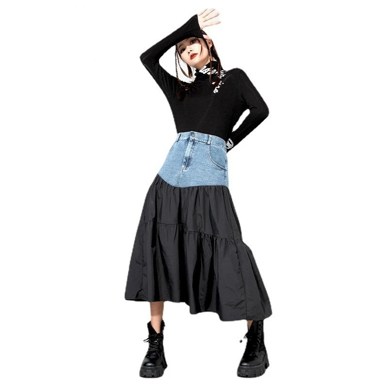 

Женская плиссированная юбка, длинная прямая юбка из джинсовой ткани, черная шелковая юбка в стиле стимпанк, одежда в готическом стиле, 2022