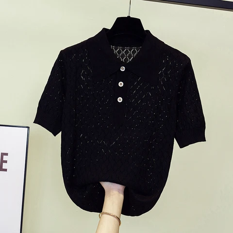 Женский трикотажный пуловер с коротким рукавом, однотонный свободный свитер с воротником-поло, повседневный пикантный свитер с вырезами, лето 2023
