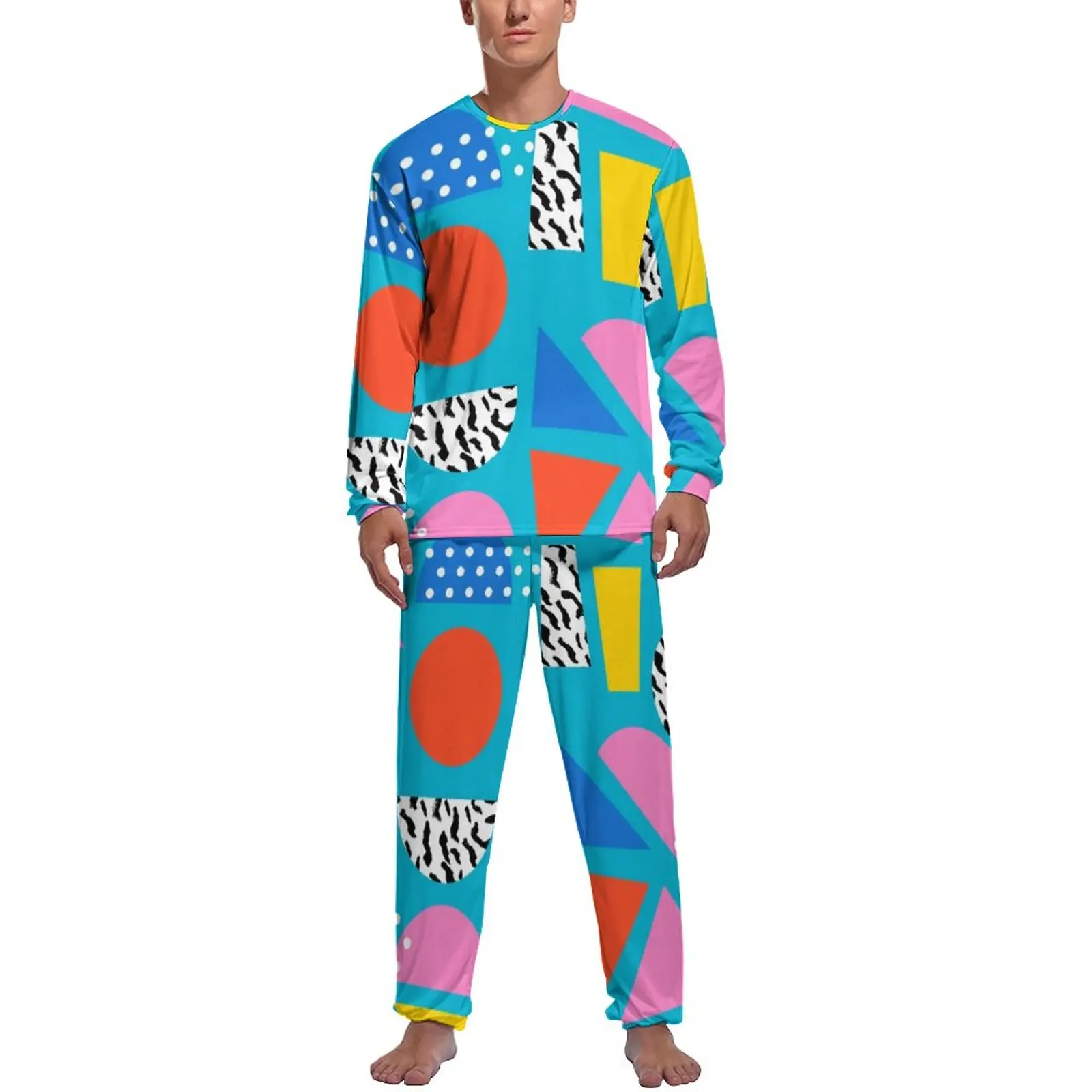 

Memphis Retro Pajamas Autumn Two Piece Geometric Colorful Pattern Cute Pajama Sets Mens Long Sleeve Casual Custom Sleepwear
