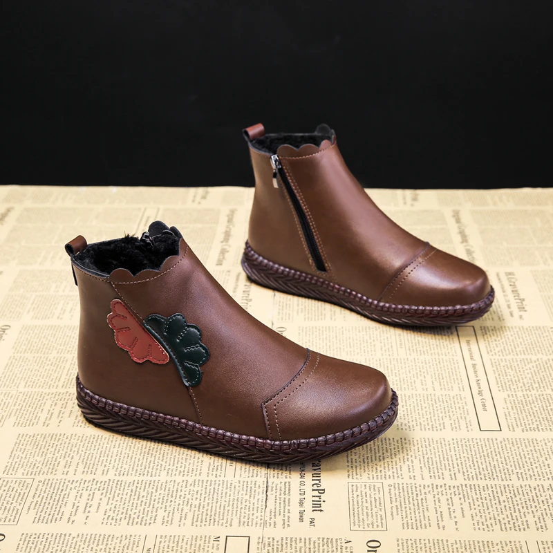 2023 Winter Women Genuine Leather Ankle Boots Handmade Lady Soft Flat Shoes Comfortable Casual Moccasins Side Zip Ankle Boots