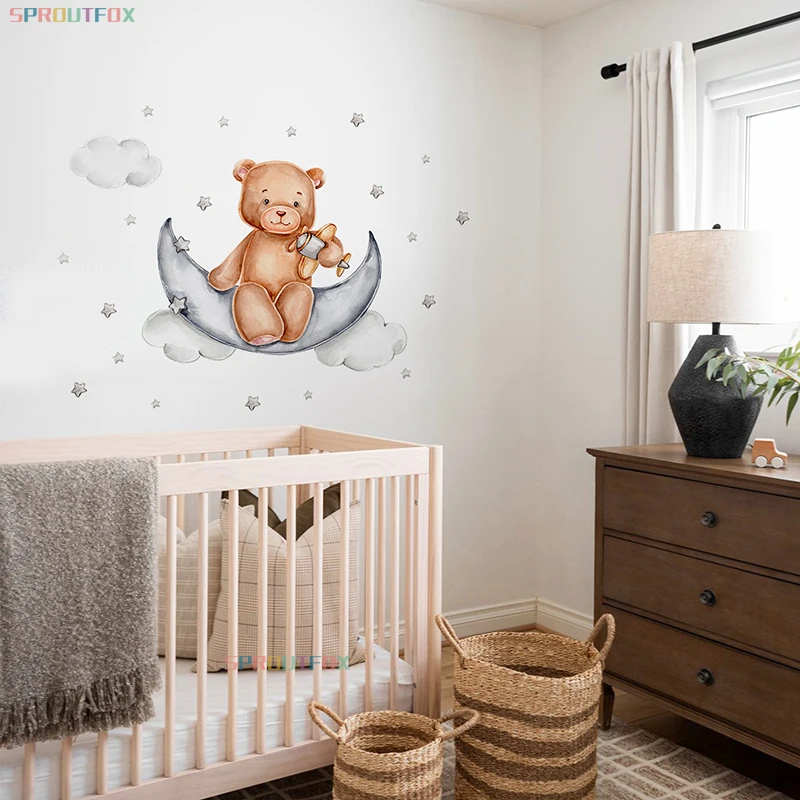

Bear and Airplane Wall Stickers for Children's Rooms Wallpaper Baby Nursery Kids Rooms Cartoon Animals Moon Stars Home Decals