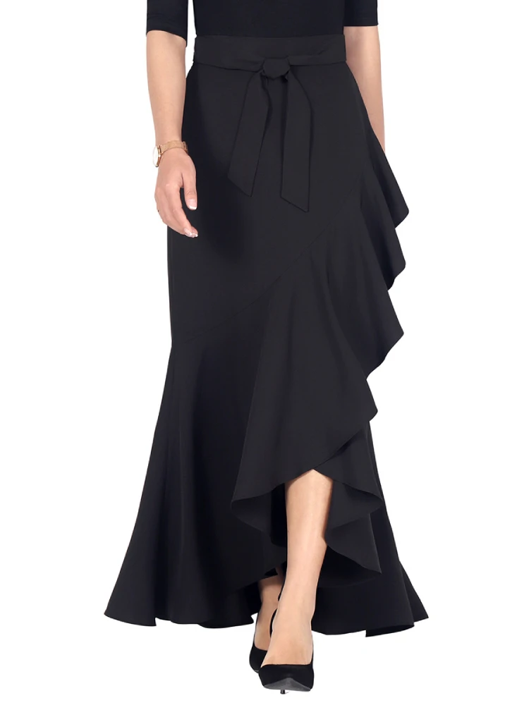2022 Spring High Waist Wrap Maxi Skirt Asymmetrical Ruffle Mermaid Skirts Long Skirts Women Elegant 2XL Solid Skirt Bottom Femal