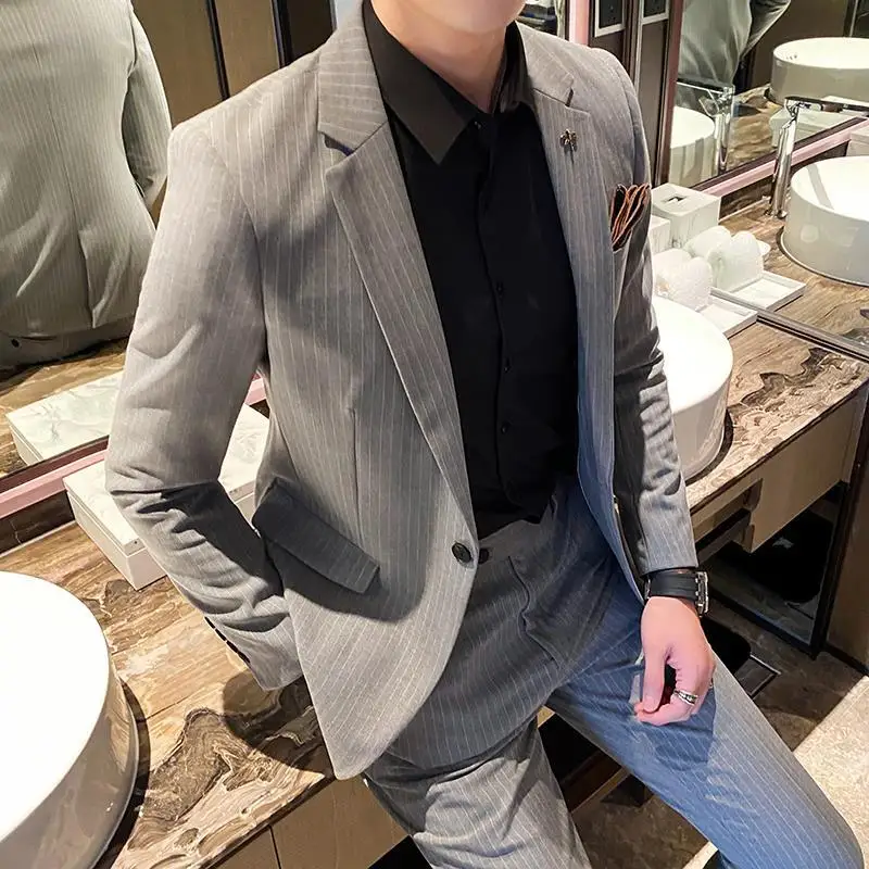 Мужской костюм в полоску 2-F1 красивый Молодежный Повседневный маленький куртка