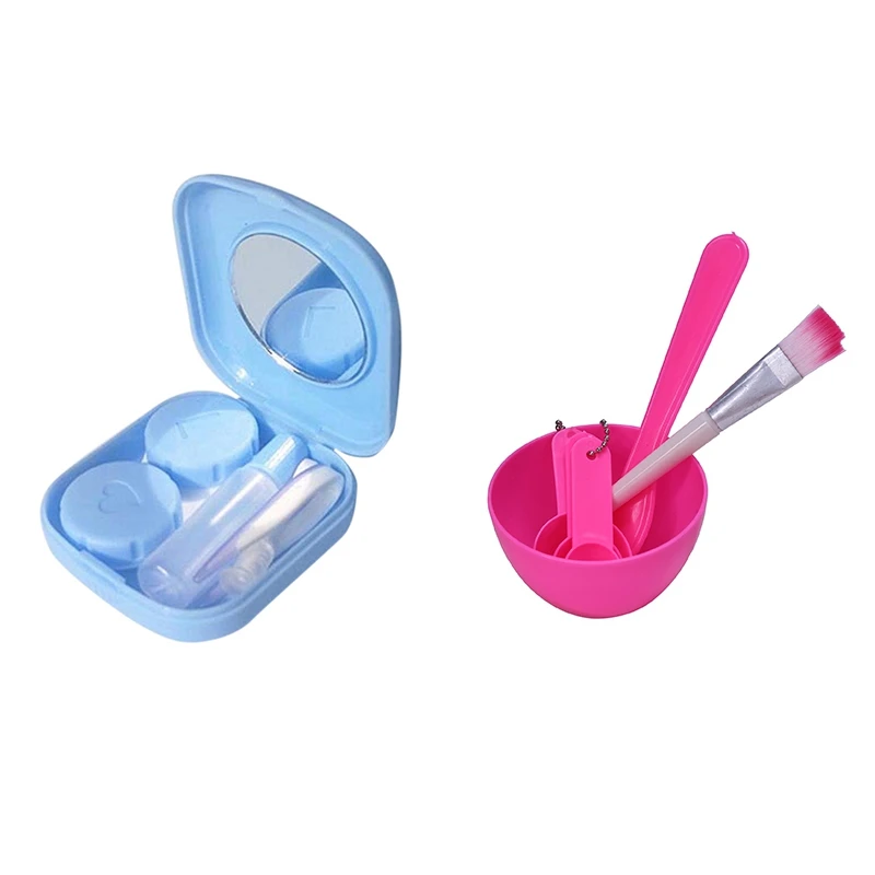 

NEW-1 Pcs Mini Contact Lens Travel Kit Case (Blue) & 1 Set Diy Facial Mask Mixing Bowl Brush Spoon Stick Brush Face Care Set