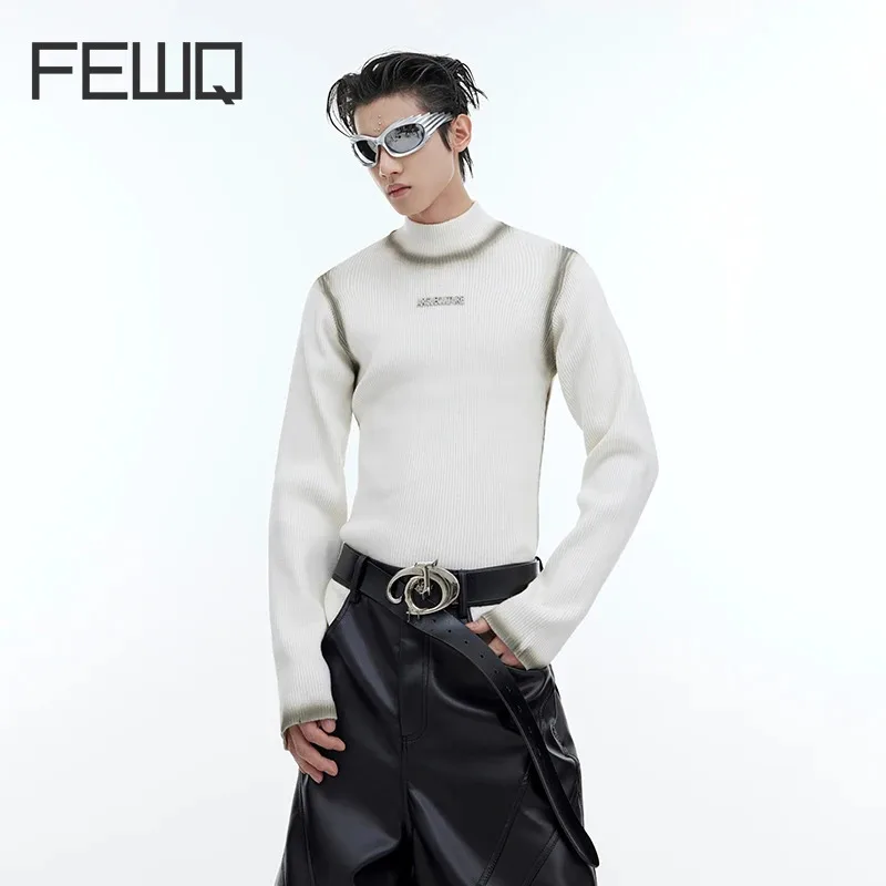 

Мужской тонкий свитер FEWQ, нишевой дизайн, вязаный Топ с воротником-стойкой и рисунком, однотонный Универсальный тренд, осень 2023, Winte 9C3260
