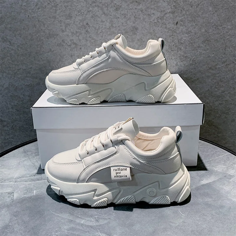 Women's Vulcanized Shoes Lace Up Thick Bottom Solid Shallow Female Sneakers Fashion Comfortable Leisure Concise Ladies Footwear