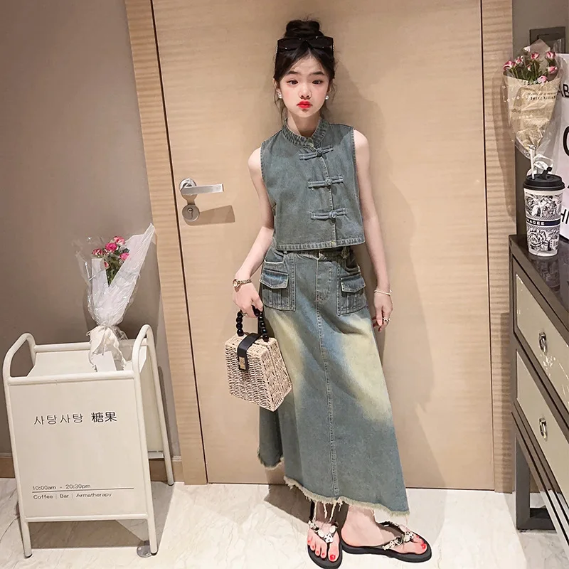 

Летний комплект одежды для девочек-подростков, короткий джинсовый топ в стиле ретро с лягушкой + длинная юбка в обтяжку ягодиц, Детский костюм из 2 предметов 4-15 дюймов, детская одежда