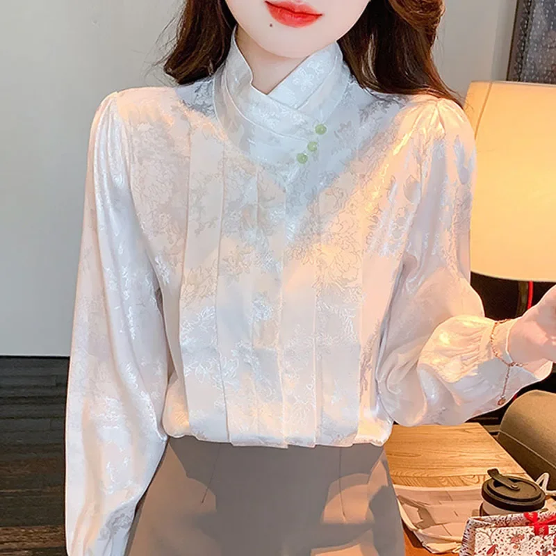 Модная женская рубашка с длинным рукавом и воротником-стойкой белая жаккардовая