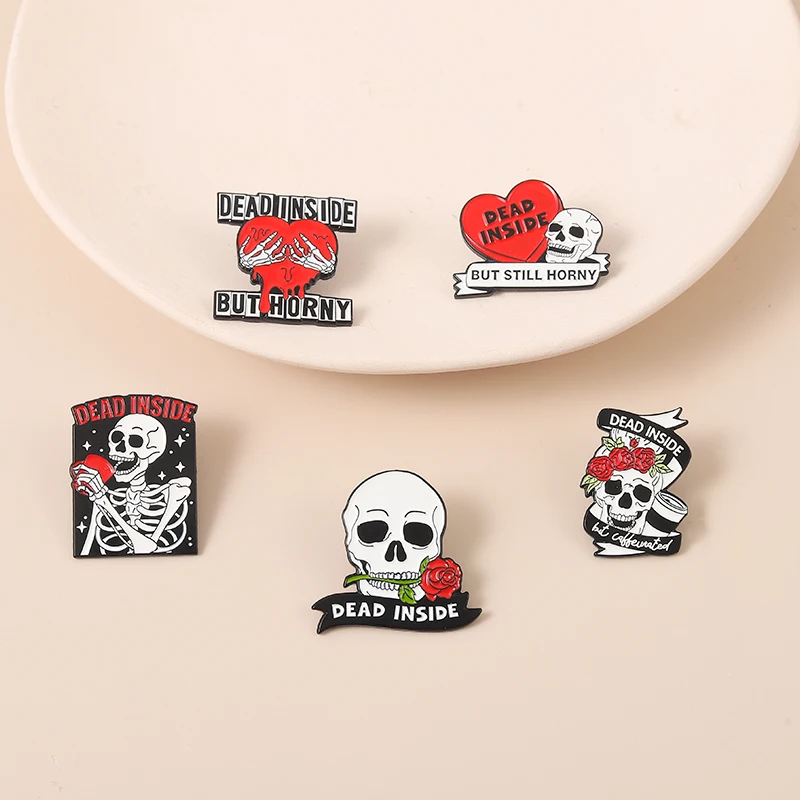 

But Still Horny Enamel Pins Retro Skeleton Rose Heart Brooches Metal Jacket Shirt Lapel Badges Gothic Jewelry Gifts For Unisex