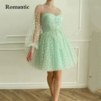 romantic mint green tulle pastrol evening dress with printed hearts puff sleeves cocktail gowns bow belt vestido de festa 2022