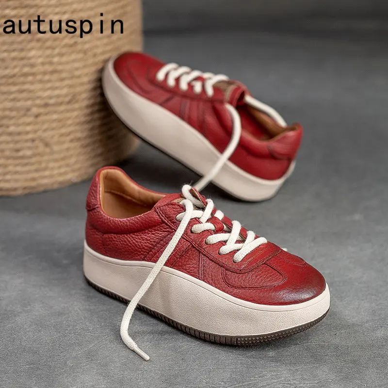 Autuspin Retro Cow Leather Sports Shoes Women Spring/Autumn Chunky Low Heels Round Toe Working Office Ladies Leisure Shoes 35-40