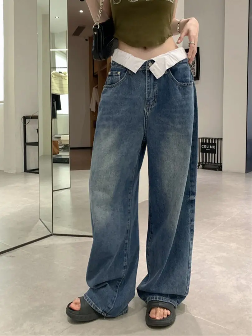 

Синие прямые джинсы Alien Kitty, новинка, женские свободные подходящие ко всему летние винтажные широкие брюки с эффектом потертости, офисные повседневные джинсовые брюки 2023