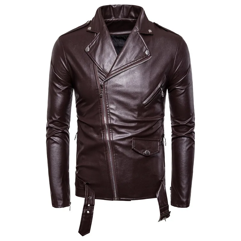 

Male Leather Jacket - Covrlge Spring Slim Cut with StandUp Collar & Zipper Pocket Men's Casual Biker Clothing