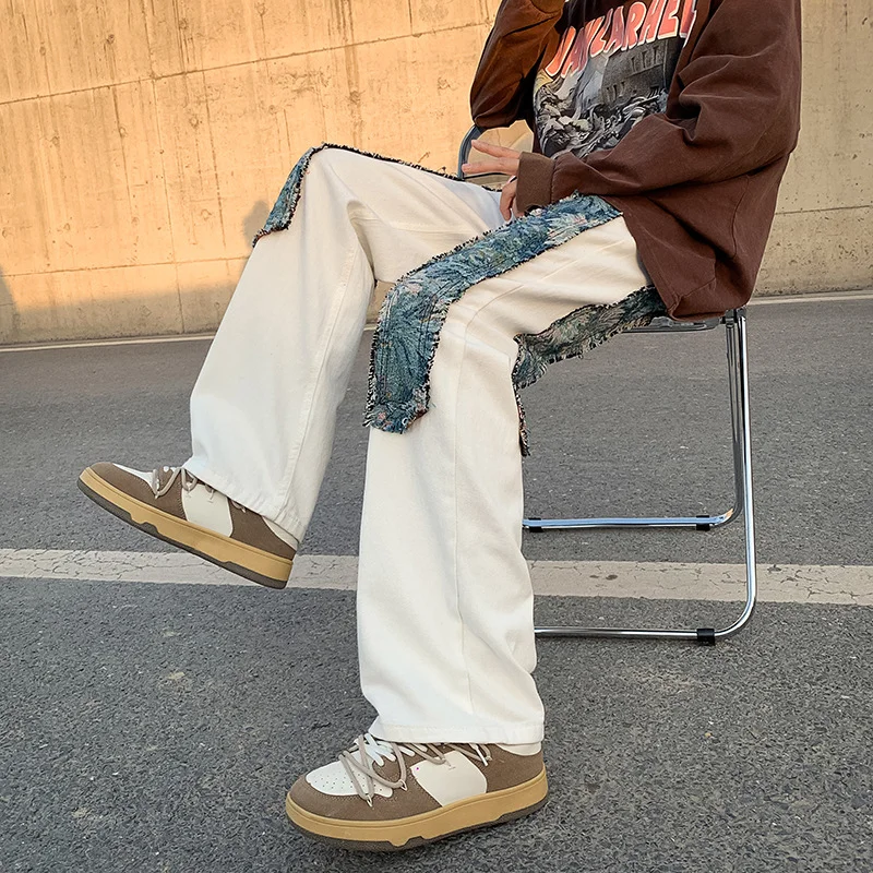 DEEPTOWN Patchwork Straight Jeans Men Streetwear Loose Denim Pants Casual Hip Hop Black Trousers Male Classic Fashion Spring