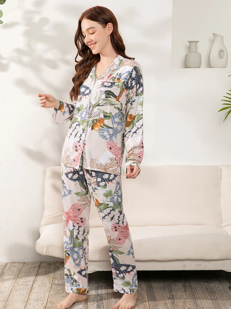 Women Plus Size S-3XL New 100% Viscose Pajamas Set Long -Sleeved Trousers Ladies Pajamas Suit  Nightwear Suit Sleepwear Pijama