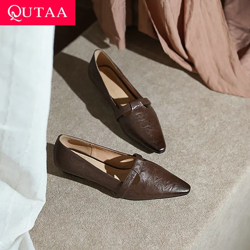 QUTAA 2025 Fashion Women Shoes Square Flats Heels News Spring Black Summer Pointed Buckles Casual Pumps Woman Size 34-39