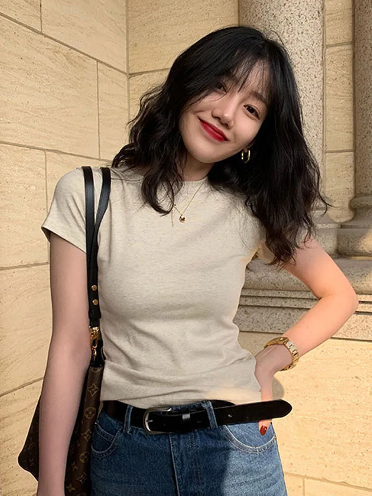 Однотонные базовые футболки с коротким рукавом женские повседневные летние