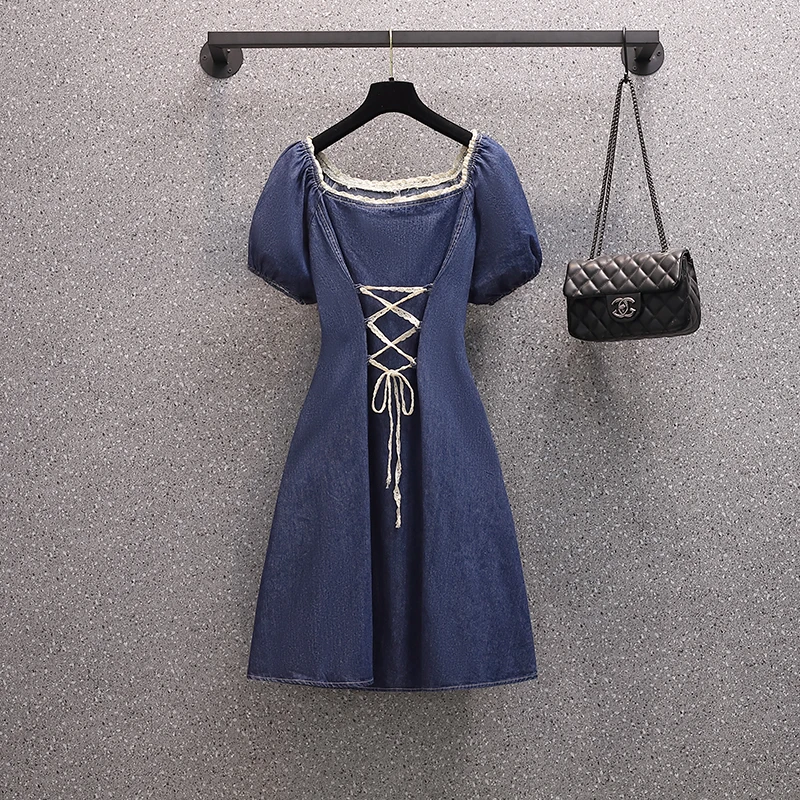 Женское джинсовое мини-платье с рукавами-фонариками и квадратным вырезом