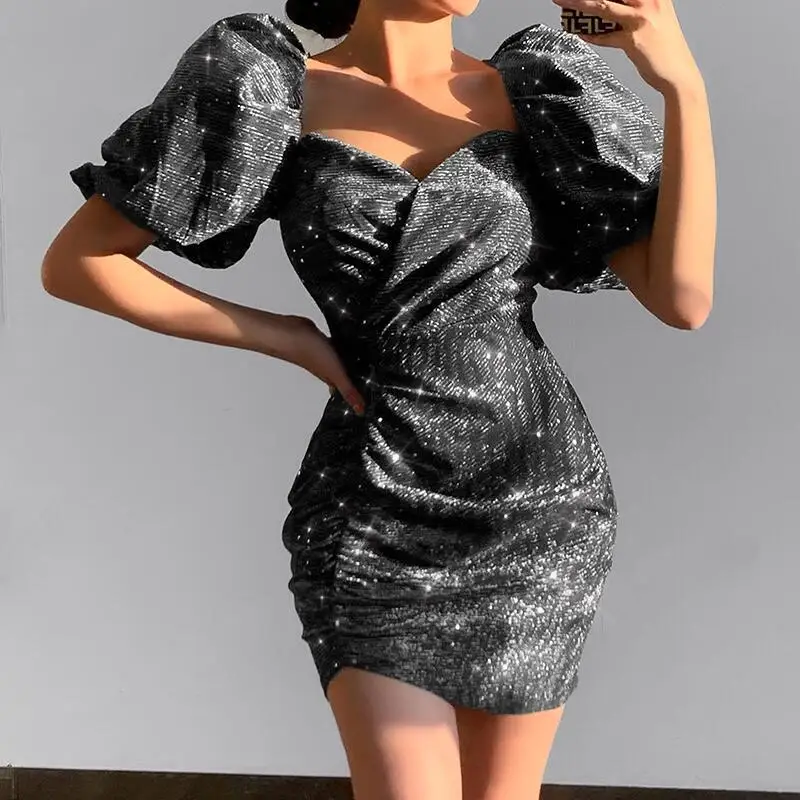

BKLD Clothes 2022 Spring And Summer New Style Puff Sleeve V-Neck Backless Pleated Dress High Waist Short Dresses For Women