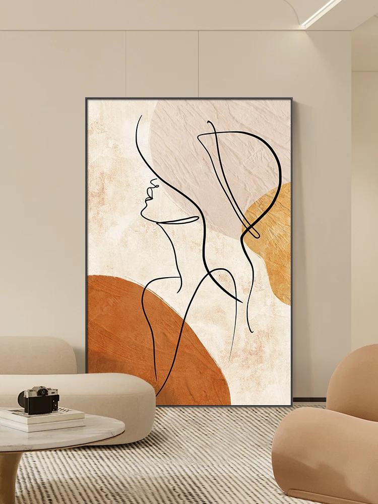 

Simple Living Room Decorative Painting Abstract Art Lines Sofa Background Floor-to-ceiling Painting Figures Entering The Door