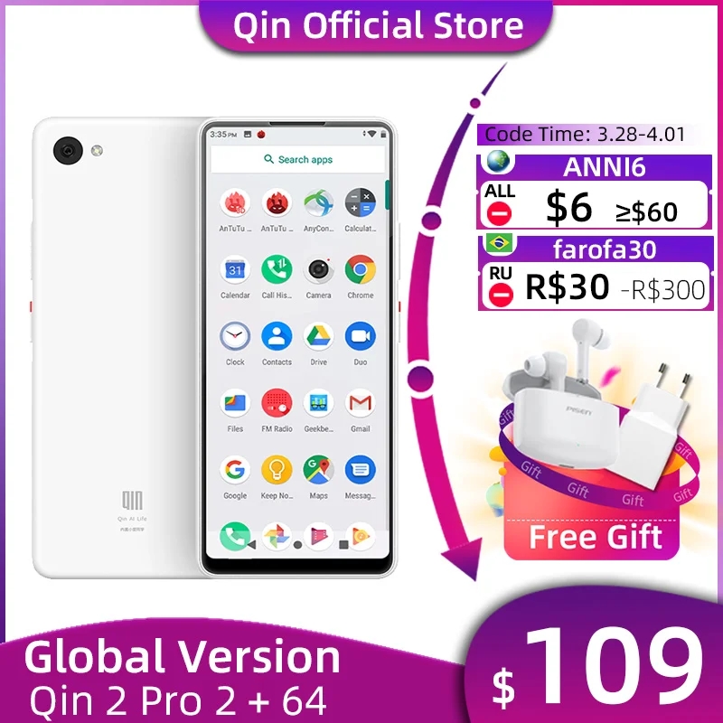

Смартфон глобальная версия QIN 2 Pro, 2 + 64 ГБ, 5,5 '', 576*2100 p, задняя камера 13 МП, аккумулятор мАч, Android 9