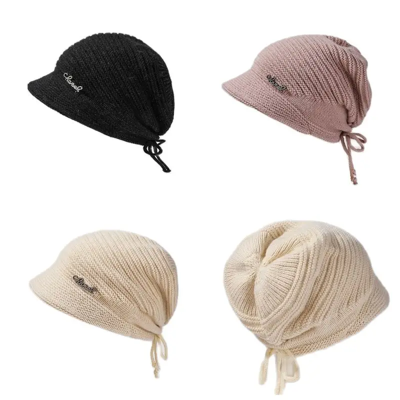 

10% Rabbit Fur Short Brim Winter Hat For Woman Letters Solid Color Knitted Elastic Cap Retro Causal Cycling Skiing Running Hat